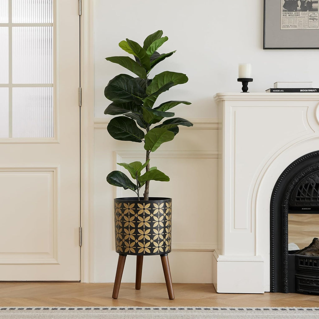 12 Inch Planter Pot with Stand, Planter for Indoor Plants, Drainage Holes and Rubber Plug, Modern Mid-Century Flower Planter Pot for Home Garden Patio, Black and Gold