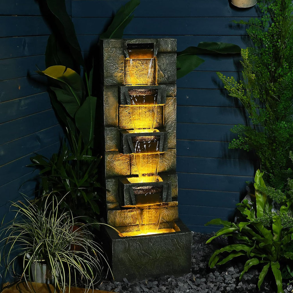 41.1" Garden Water Fountain Outdoor – 5-Tier Modern Cascading Resin Waterfall Fountain with LED Light, Mossy Stone Look, Floor-Standing Outdoor Water Feature for Patio, Yard, Deck, Home Décor