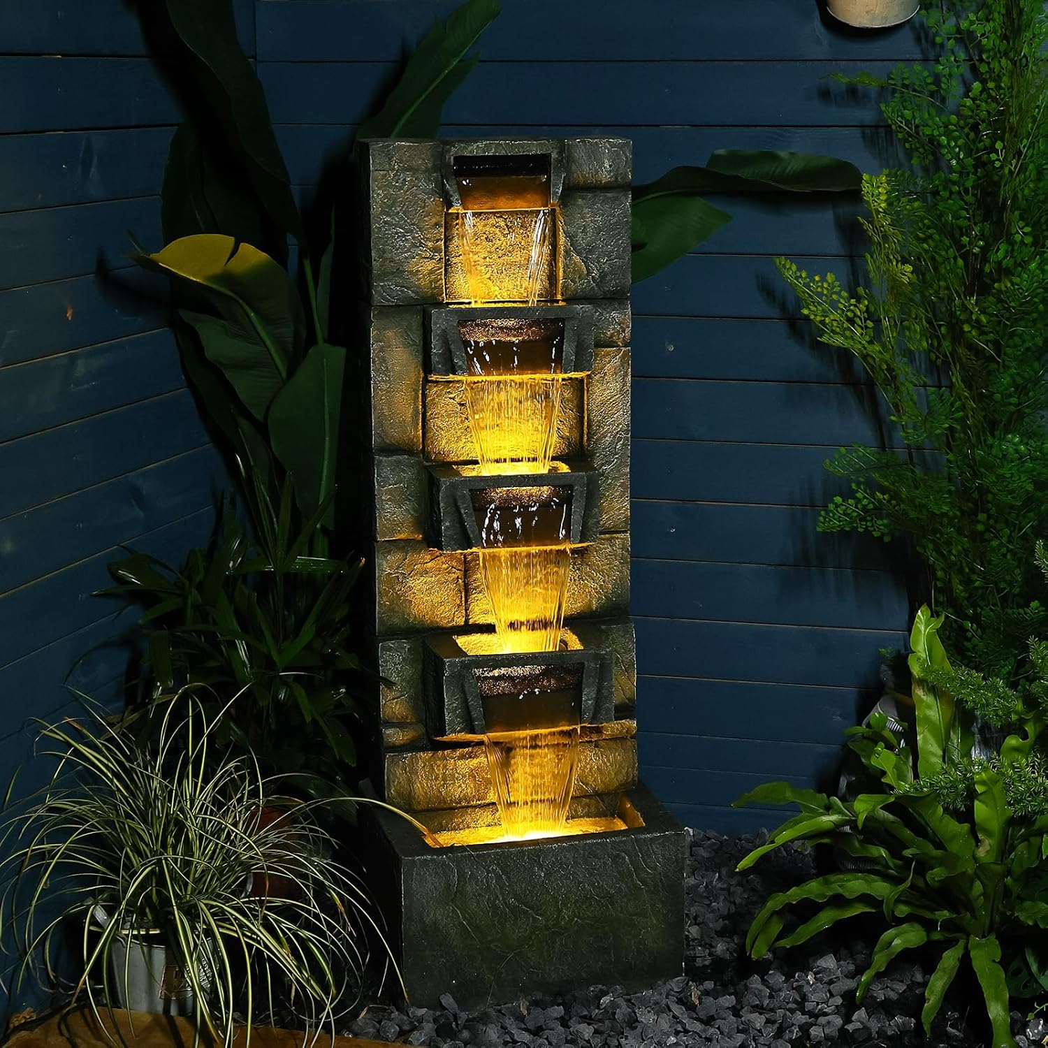 41.1" Garden Water Fountain Outdoor – 5-Tier Modern Cascading Resin Waterfall Fountain with LED Light, Mossy Stone Look, Floor-Standing Outdoor Water Feature for Patio, Yard, Deck, Home Décor