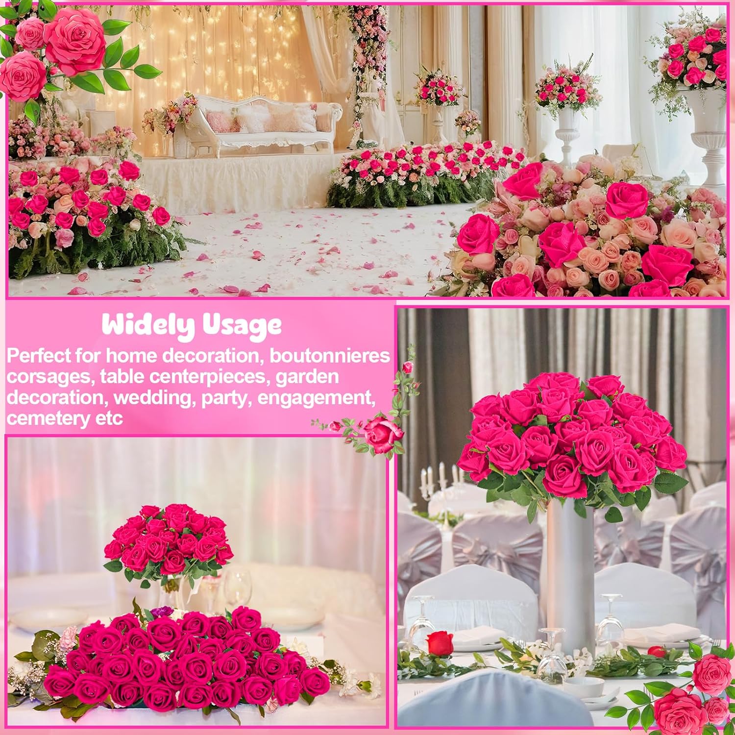 36 Pcs Hot Pink Artificial Roses with Long Stems, Fake Silk Rose Artificial Flowers Bulk for Bridal Wedding Bouquet Centerpiece Ball Arrangement Party Decor