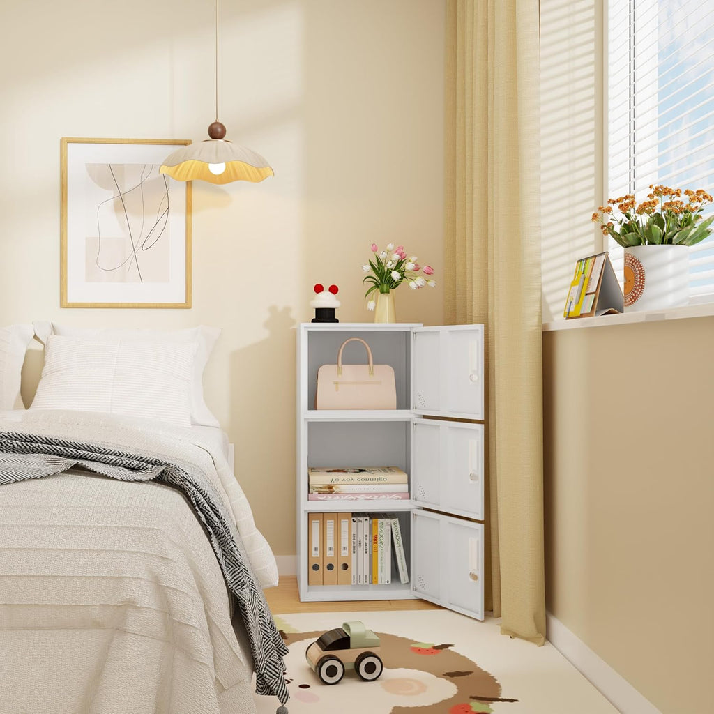 3 Door Metal Vertical Storage Locker for School, Office, Home,Gym,Stackable Steel Storage Cabinet with Lock,Anti-Falling Device. (3 Door, White)