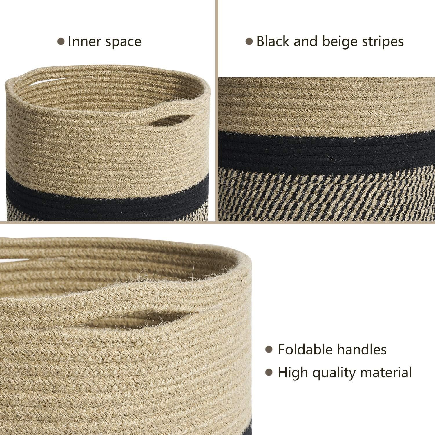 TIMEYARD Sturdy Jute Rope Plant Basket Modern Woven Basket for 11" Flower Pot Floor Indoor Planters, 12'' x 12'' Storage Organizer Baskets Rustic Home Decor, Black and Beige Stripes