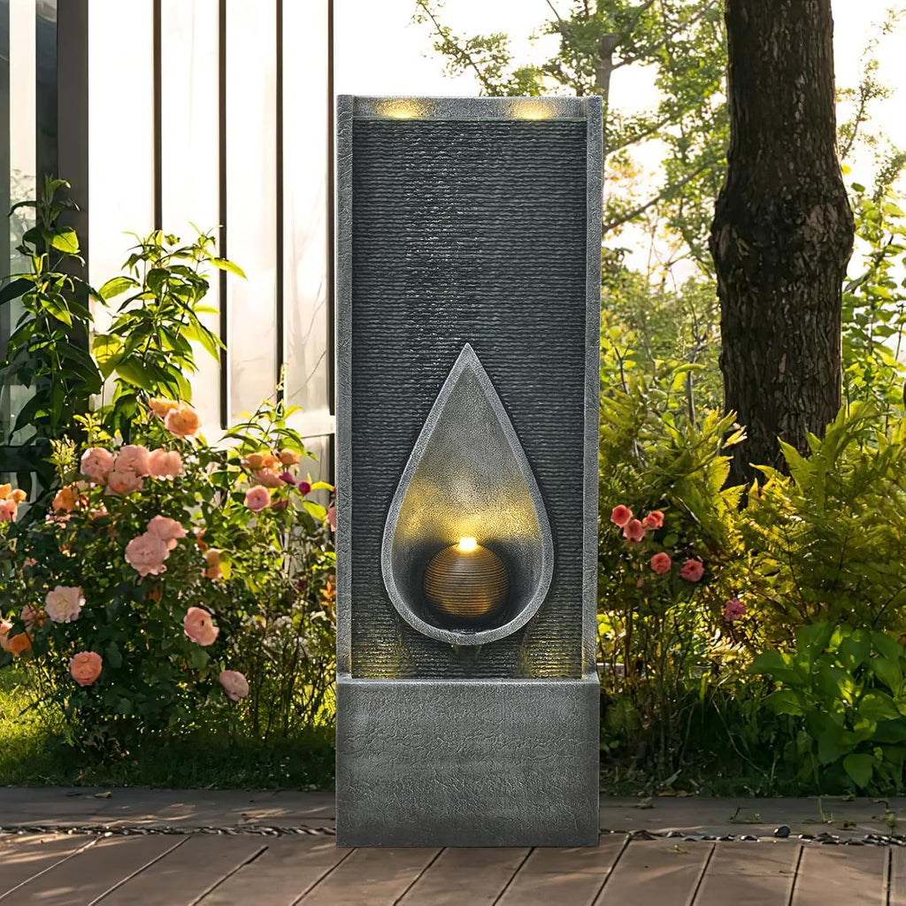 Water Fountain Indoor Outdoor, 53.14inch Modern Cascading Waterfall Feature with LED Lights, Tall Floor Standing Fountain for Garden, Deck, Patio, Porch, Yard Decor (53)