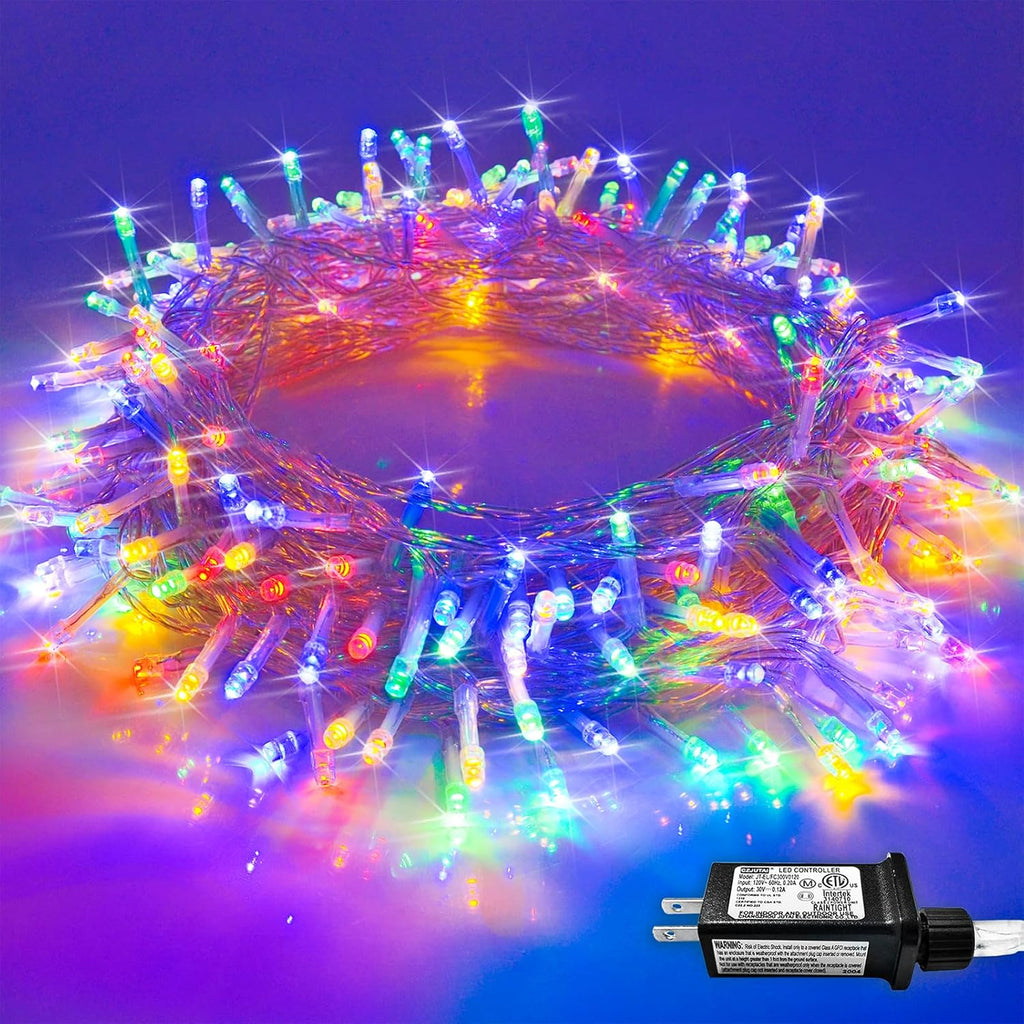 JMEXSUSS Connectable 100 LED Multicolor Christmas Lights for Tree, 8 Modes Indoor Outdoor Clear Wire, 33ft Colorful Plug-in for Christmas Tree Bedroom