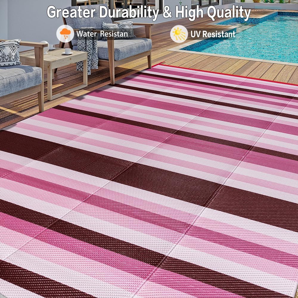 Outdoor Waterproof Rug 6'x9' Plastic Straw Rugs Washable Reversible Floor Mat Pink Stripe Carpet for Camping RV Deck Entryance Porch Picnic Balcony Beach Backyard