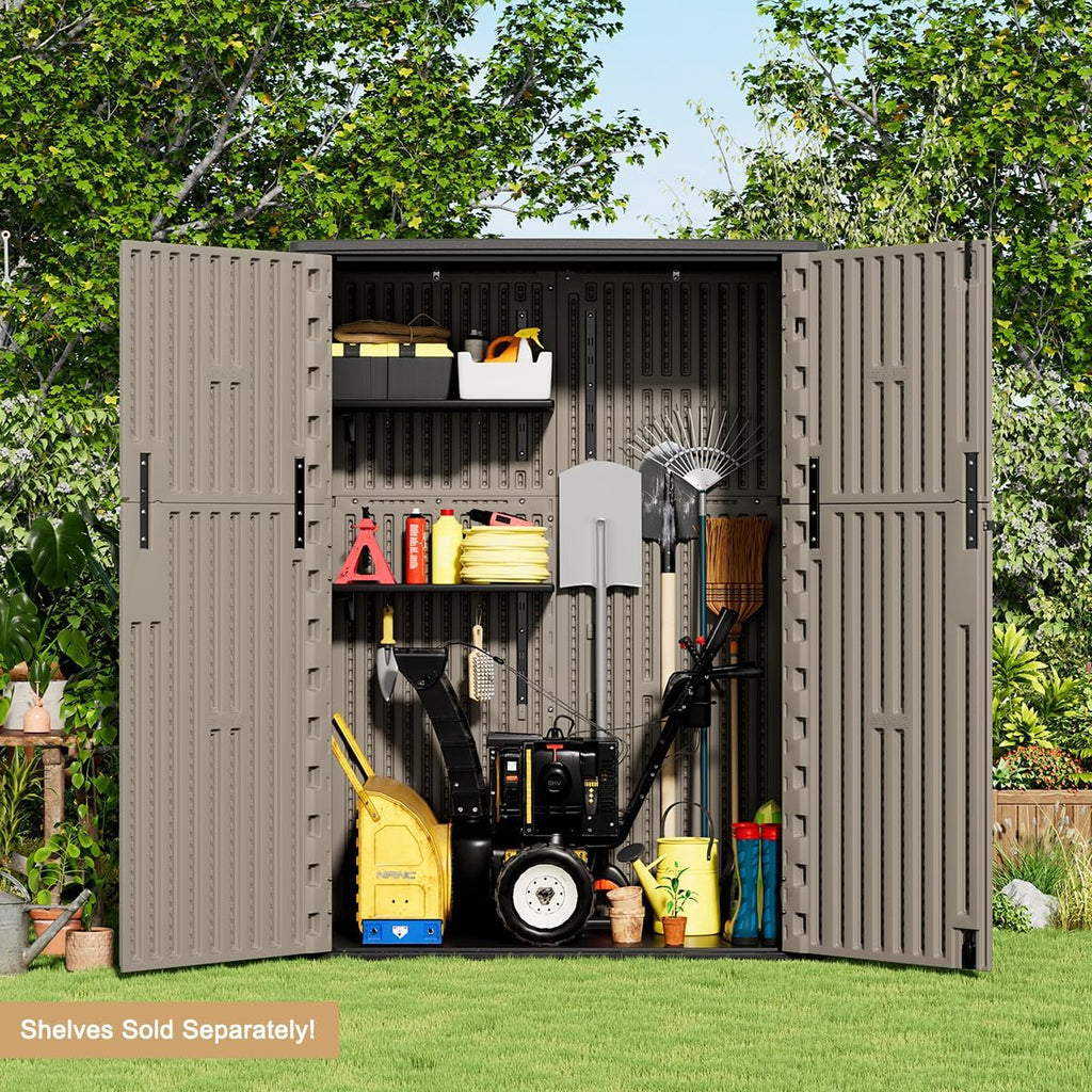 KINYING Outdoor Storage Shed,57 Cu.ft Vertical Outdoor Storage Cabinet Waterproof, Outdoor Resin Tool Shed for Patio Furniture, Garden Tools, Pool Accessories, Lawn Mower(Coffee Color)