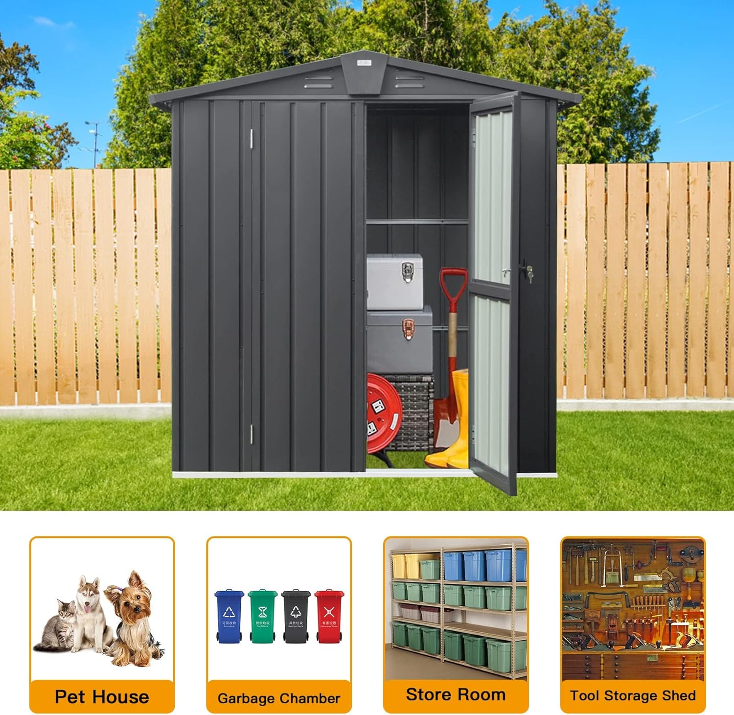 Domi Outdoor Storage Shed 5.7' x 3’, Metal Garden Shed with Galvanized Steel Frame for Bike, Tools, Lawn Mowers, Pool Toys, Outdoor Storage Cabinet with Lockable Door for Garden Lawn Patio (Dark Grey)