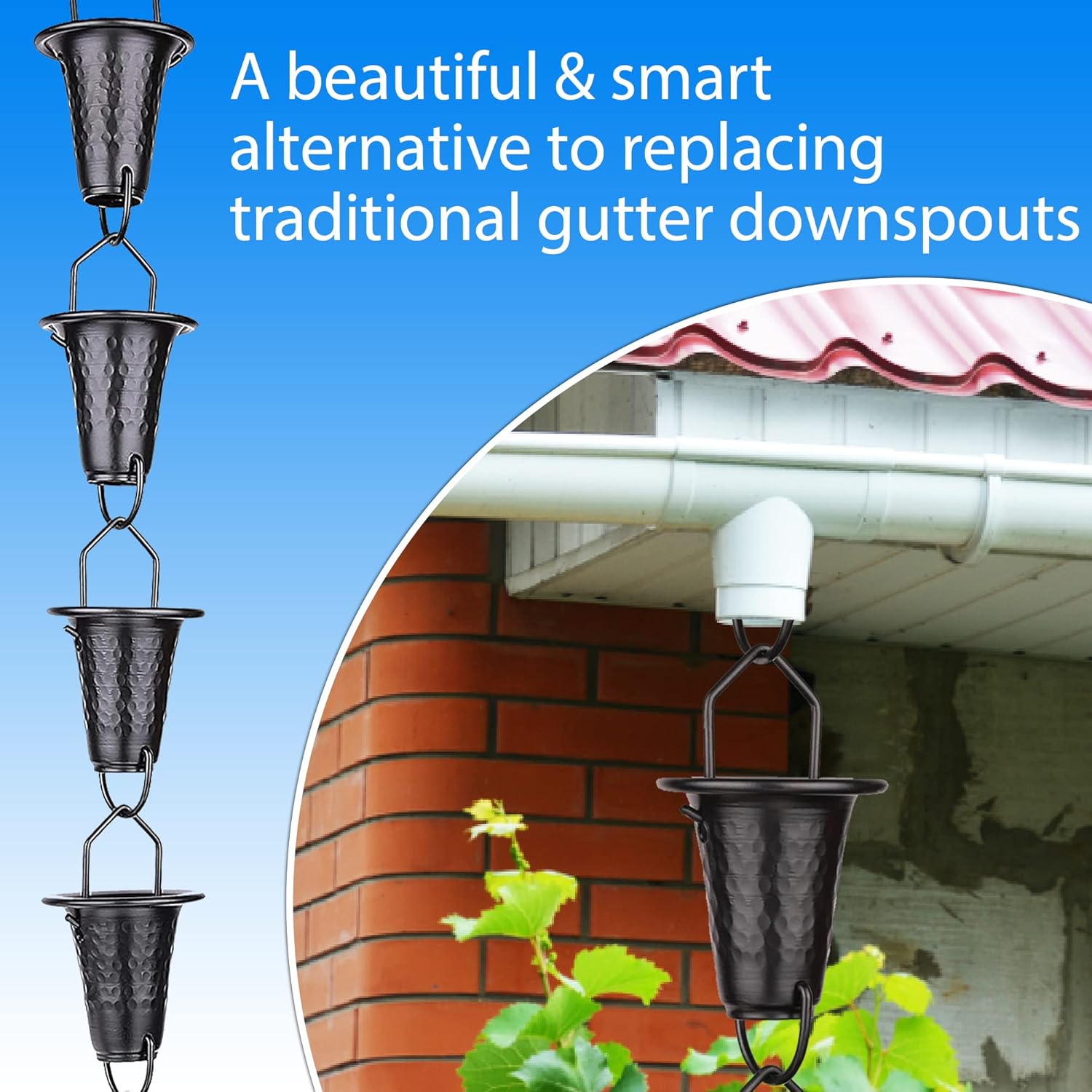 Hand-Hammered Fluted Rain Chain 8.5 FT – Black Powder-Coated Aluminum - Functional and Decorative Replacement for Gutter Downspouts - Premium Rain Chains for Gutter