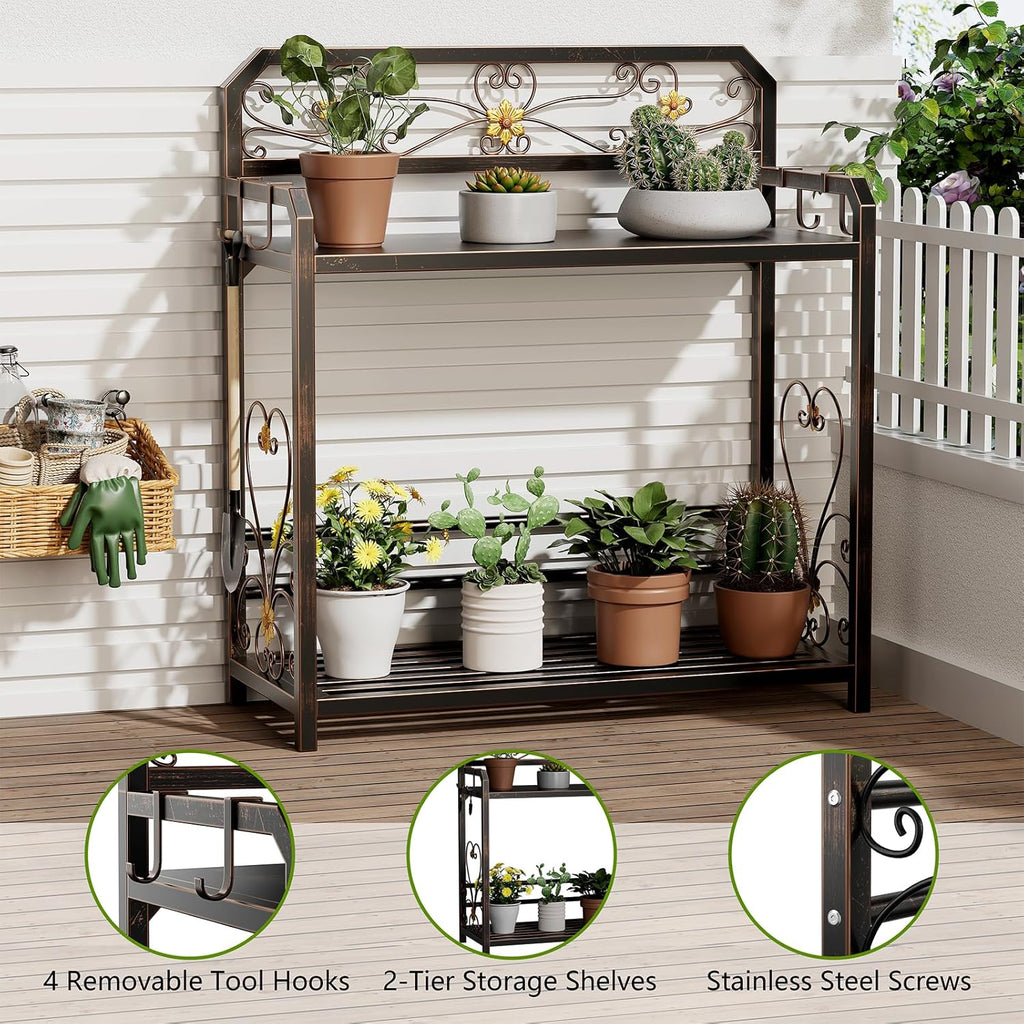 Potting Bench, Outdoor Potting Table with 4 Side Hooks, All-Weather Gardening Table Work Station, Outside Garden Workbench, 505lbs Capacity, 18" D x 39" W x 44" H, Distressed Vintage Black