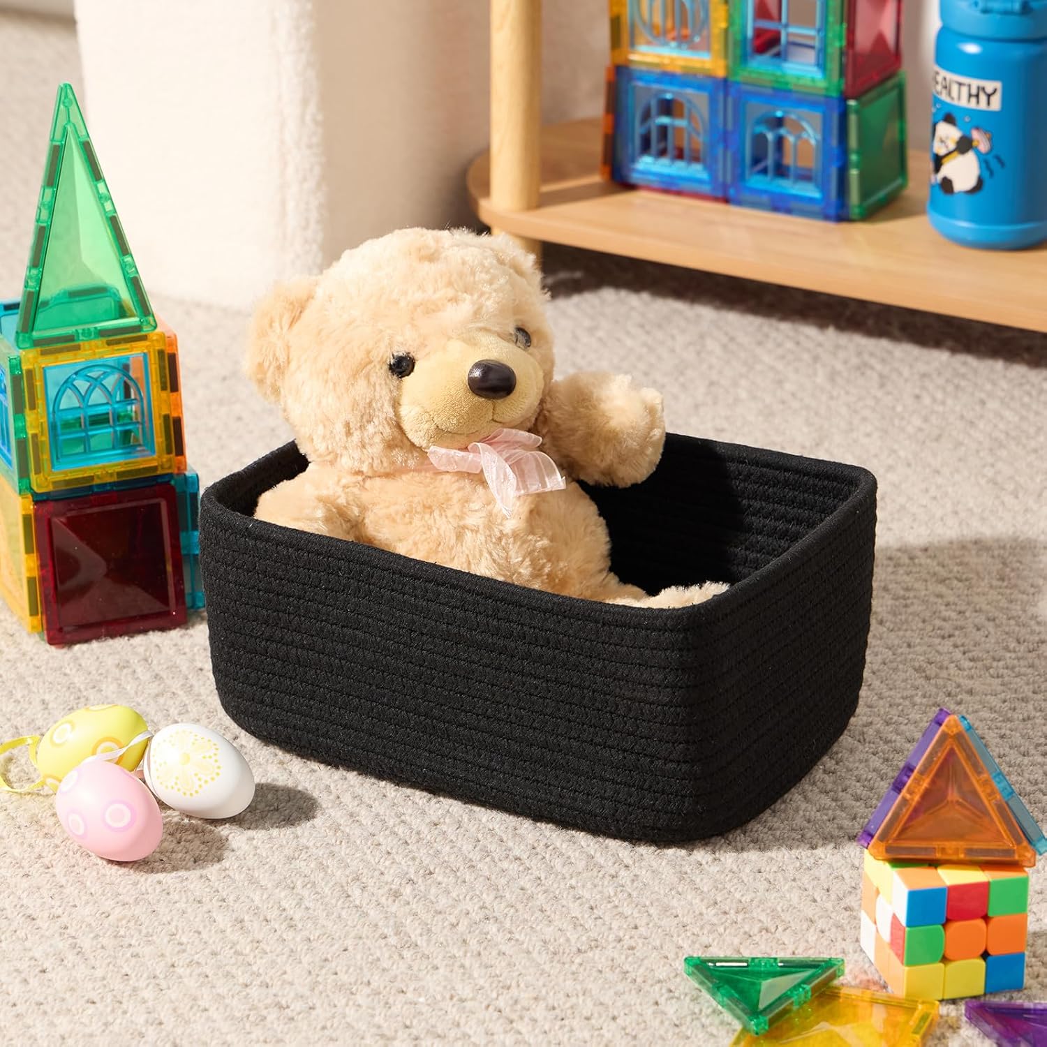 Small Storage Baskets for Organizing | Closet Organizer Bins | Shelf Toy Basket | Woven Rope Baskets | Cube Decorative Box | Shallow Basket | 11.5x7.5x4.7” | 4 Packs Black