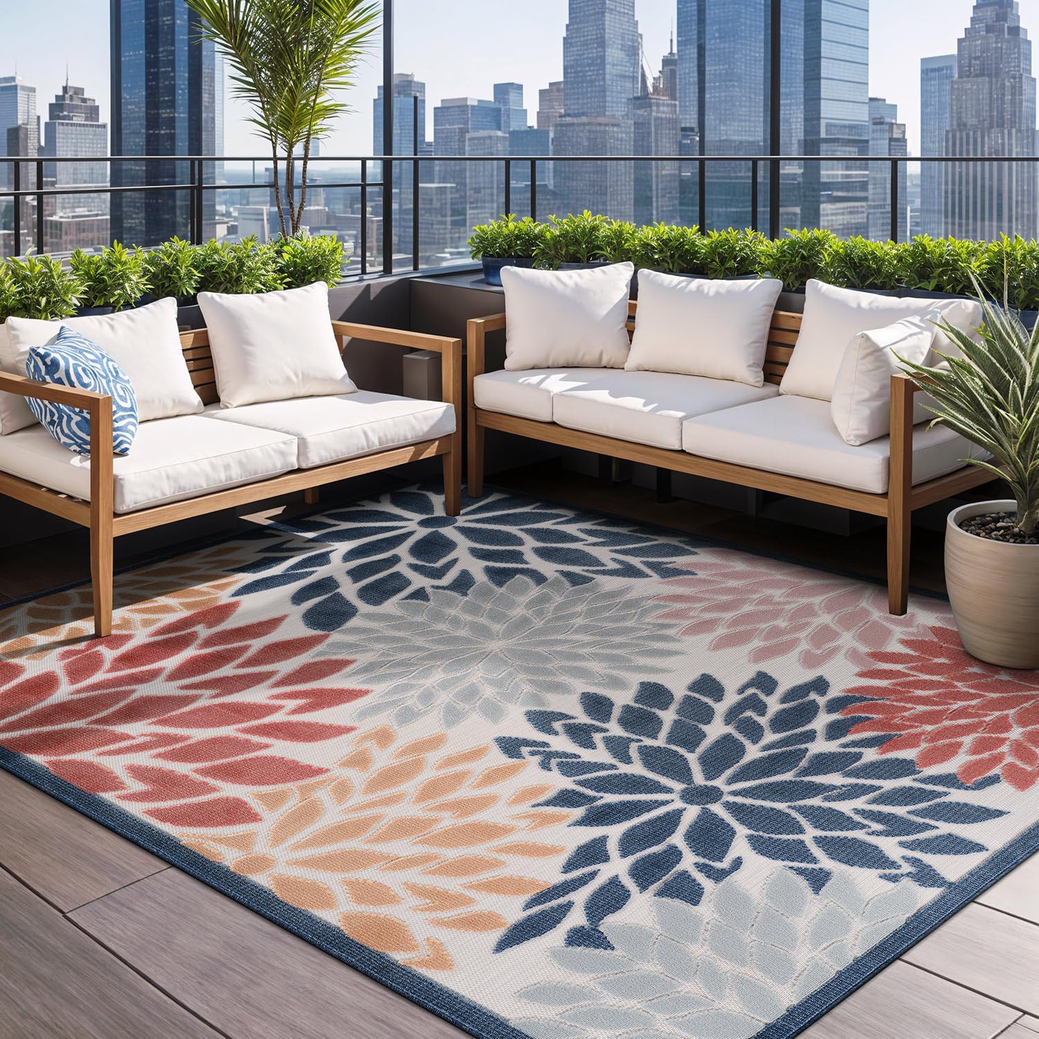 Beverly Rug Outdoor Rug 9x12 Large Modern Floral Tropical Area Rugs for Indoor and Outdoor Patio Easy to Clean Non Shedding Living Room Porch Garden Washable Outside Carpet (9 x 12 Multicolor)