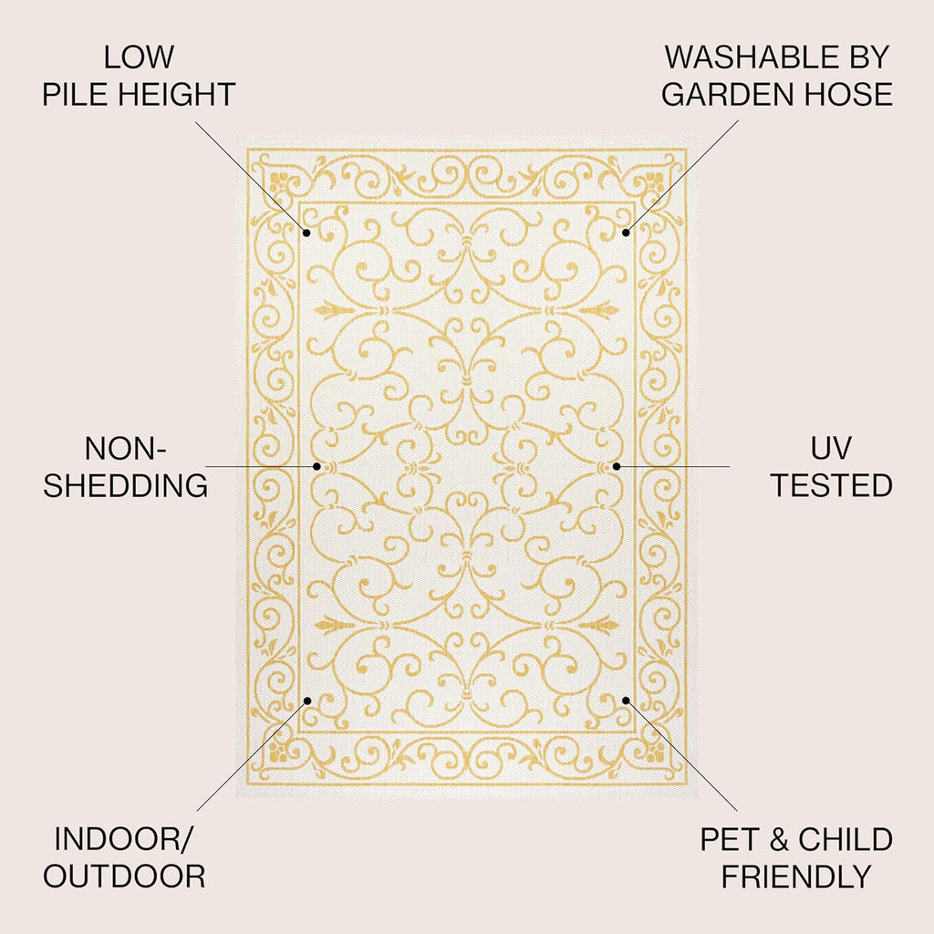 JONATHAN Y SMB106M-8 Charleston Vintage Filigree Textured Weave Indoor Outdoor Area Rug, Classic Traditional Easy-Cleaning,Bedroom,Kitchen,Backyard,Patio,Non Shedding, 8 X 10, Cream/Yellow