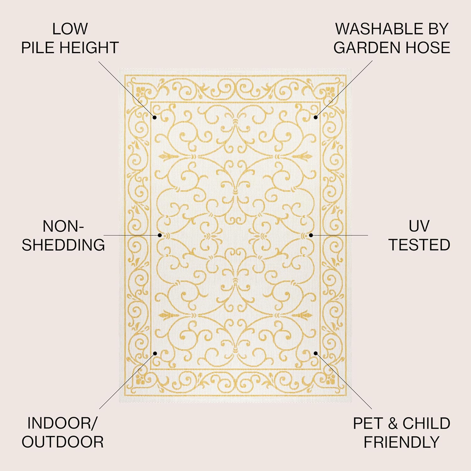 JONATHAN Y SMB106M-4 Charleston Vintage Filigree Textured Weave Indoor Outdoor Area Rug, Classic Traditional Easy-Cleaning,Bedroom,Kitchen,Backyard,Patio,Non Shedding, 4 X 6, Cream/Yellow