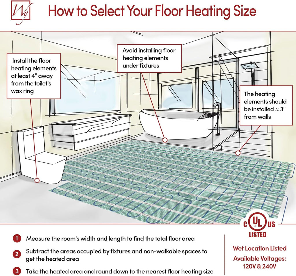 13 Sqft Heated Floor Mat Kit with Radiant Floor Heating System Thermostat UTN5, Two Sensors, Tester, 120V Electric Radiant Floor Heating Mat installs under Bathroom Tile, Vinyl - WarmlyYours TempZone