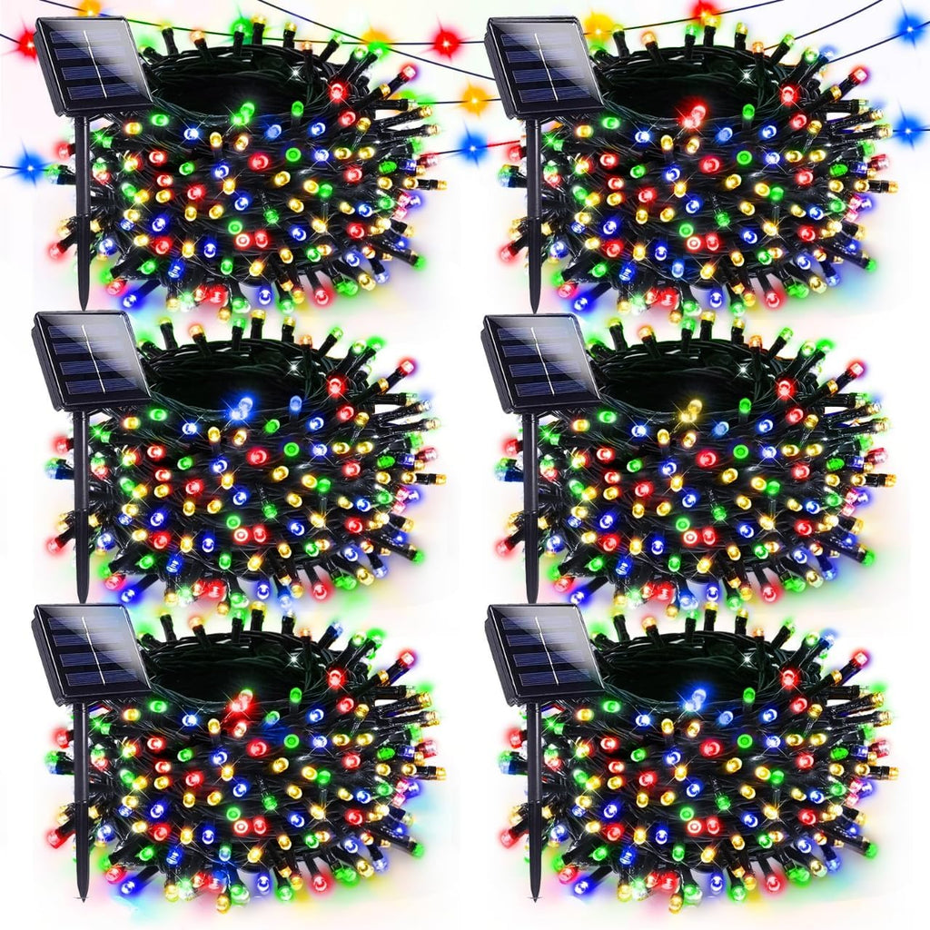 6 Pack Solar Christmas Lights Outdoor, 600 LED 198 FT Solar Powered String Lights Waterproof with Green Wire 8 Lighting Modes, Twinkle Light for Xmas Tree Party Yard Garden Decor, Multicolored