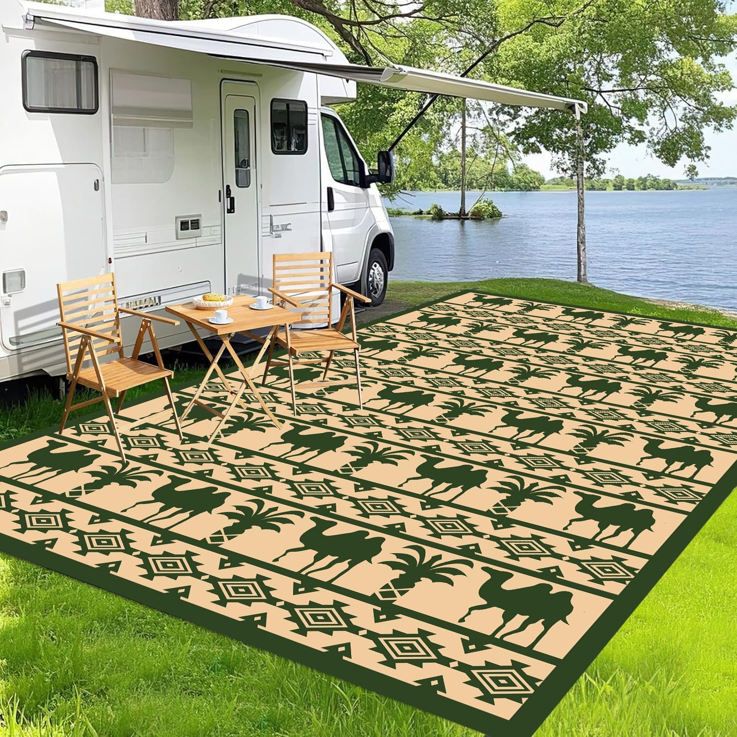 WILDROOTS 5x8 Feet Plastic Tropical Green Outdoor Rug, Stain Resistant Waterproof Reversible Outdoor Patio Rug, Fade Resistant Camping Rug