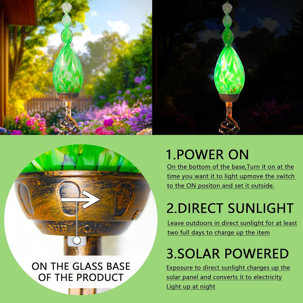 Solar Garden Lights, Decorative LED Flame Garden Stakes, Hand Blown Glass and Outdoor Waterproof Glass Stakes (Green)