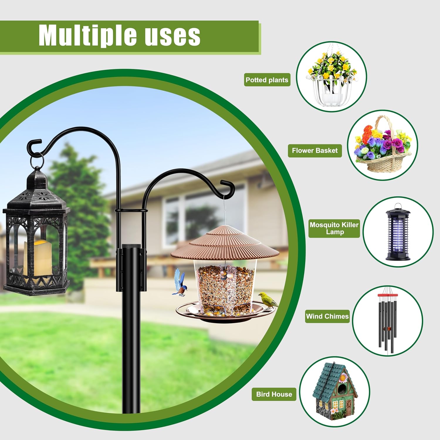 XDW-GIFTS Double Shepherds Hooks for Outdoor, 2-Pack Heavy Duty Garden Pole for Hanging Bird Feeder, Plant Baskets, Solar Light Lanterns, Garden Plant Hanger Stands with 5 Base Prongs