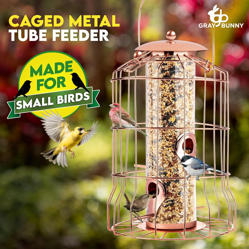 Squirrel Proof Bird Feeder for Outdoors Hanging (Metal Rose Gold) Bird Feeder with 4 Ports, Chew-Proof & Weather Resistant, Backyard Gift (10.25 x 6.25 x 6.25 inches)