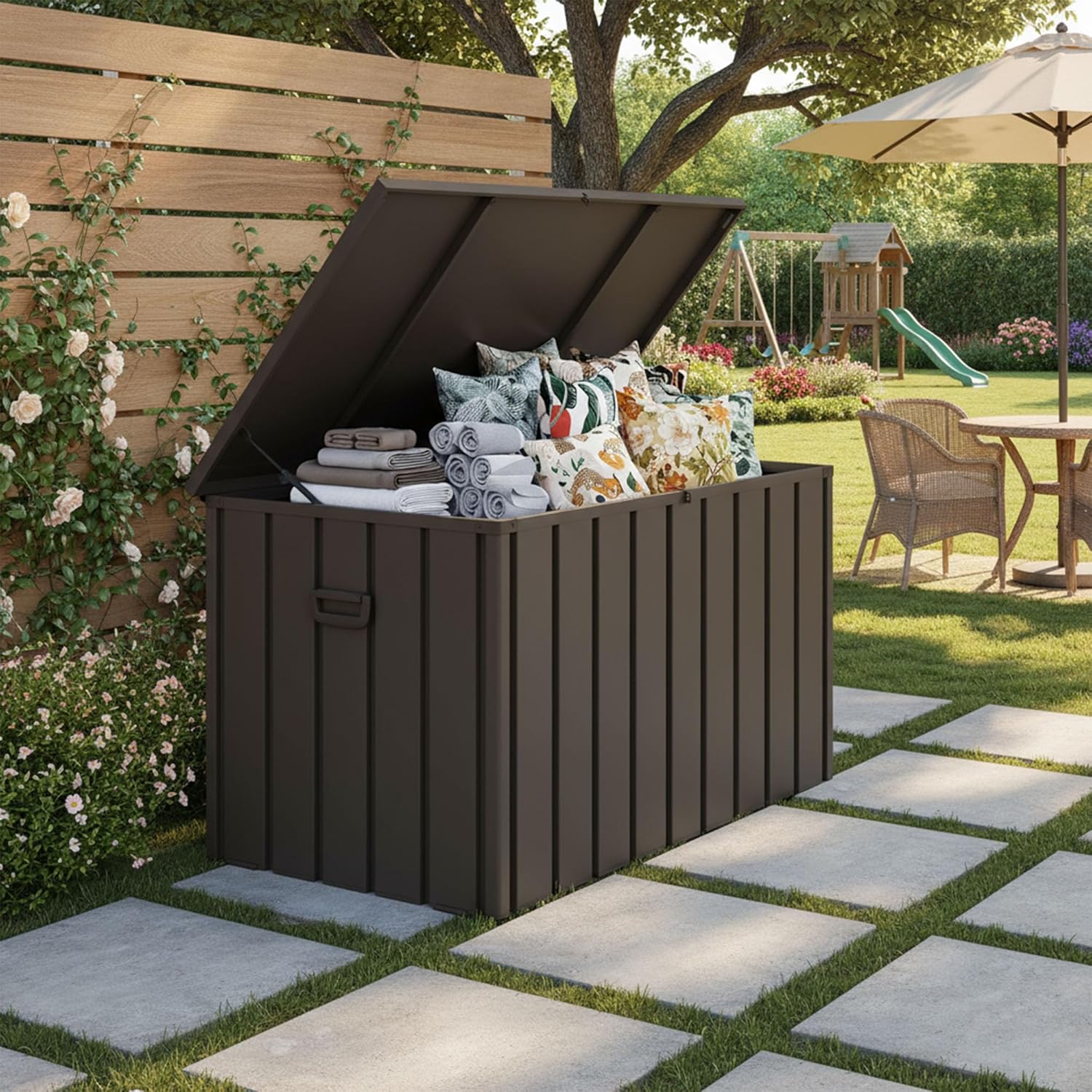 PURPLE LEAF Outdoor Deck Box 160 Gallon Waterproof Lockable Storage Box Container with Lid Deck Organization for Patio Cushions Side Table Pool Accessories Garden Tools, Brown