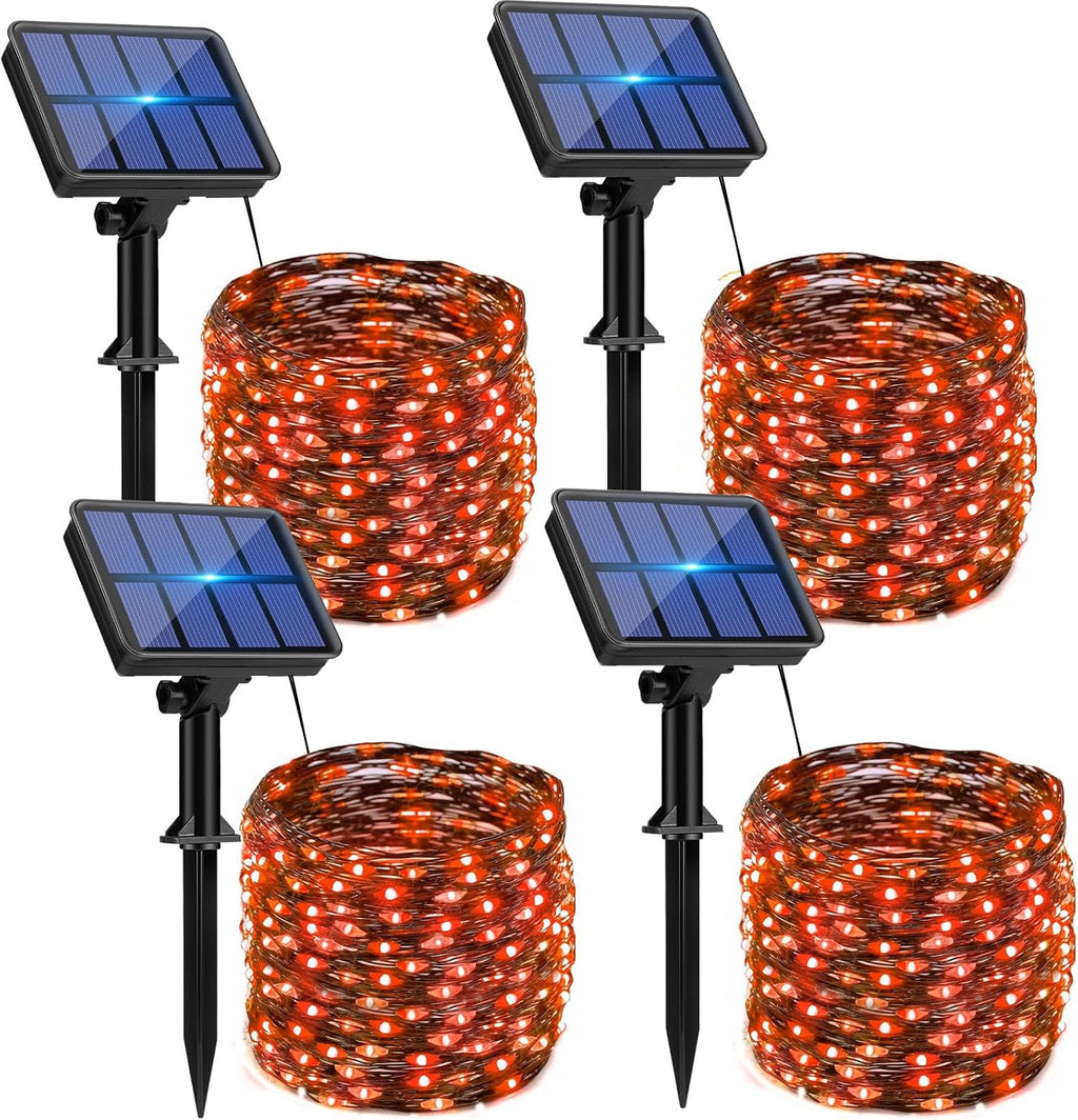 4 Pack Solar Halloween String Lights Outdoor - 320LED 132FT Orange Solar Fairy Lights Outside Waterproof, 8 Modes Solar Powered Twinkle Lighting Decorations for Tree Garden Yard Spooky Patio Party