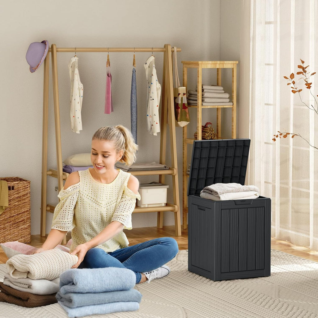 28 Gallon Outdoor Deck Box,Storage Lockable Waterproof Patio Furniture,Garden Tools,Cushions,Pool Accessories Outside Storage Resin Box(Black)