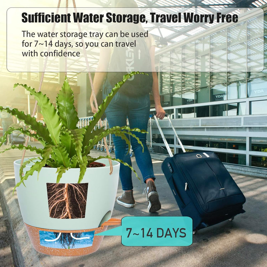 10 Inch Self Watering Hanging Pots, 2 Pack Hanging Planters with 40oZ Deep Reservior for Indoor Outdoor Plants Flowers, Green with Brown