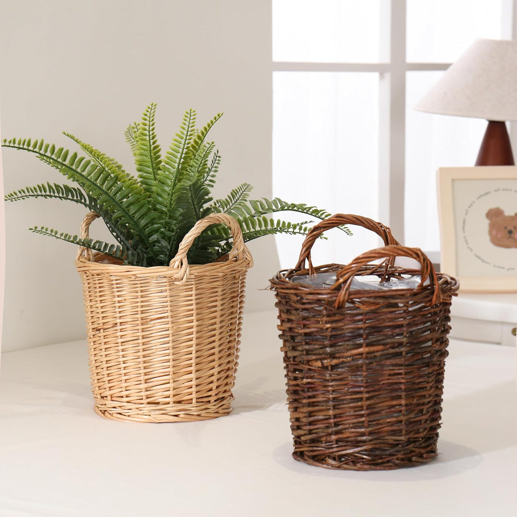 Handwoven Wicker Planter Basket with Waterproof Liner – Natural Yellow Decorative Flower Pot Holder for Indoor Use - Small Size (Inner Top Ø 7", Inner Height 5.9")