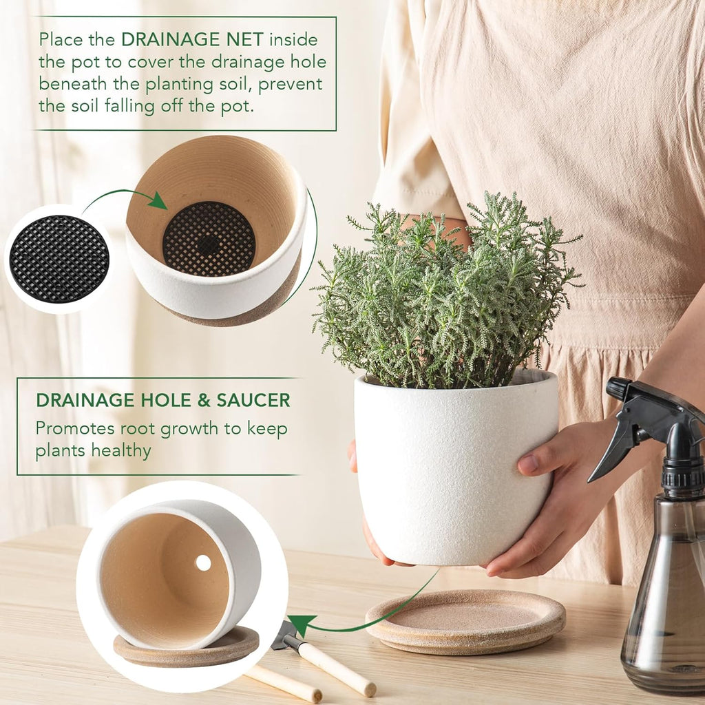 Ceramic Flower Pots Indoor-Outdoor: 5.75 Inch Planters with Drainage Holes & Saucer - Modern Decorative Plant Pots Ceramic for Home Gardeners (White)