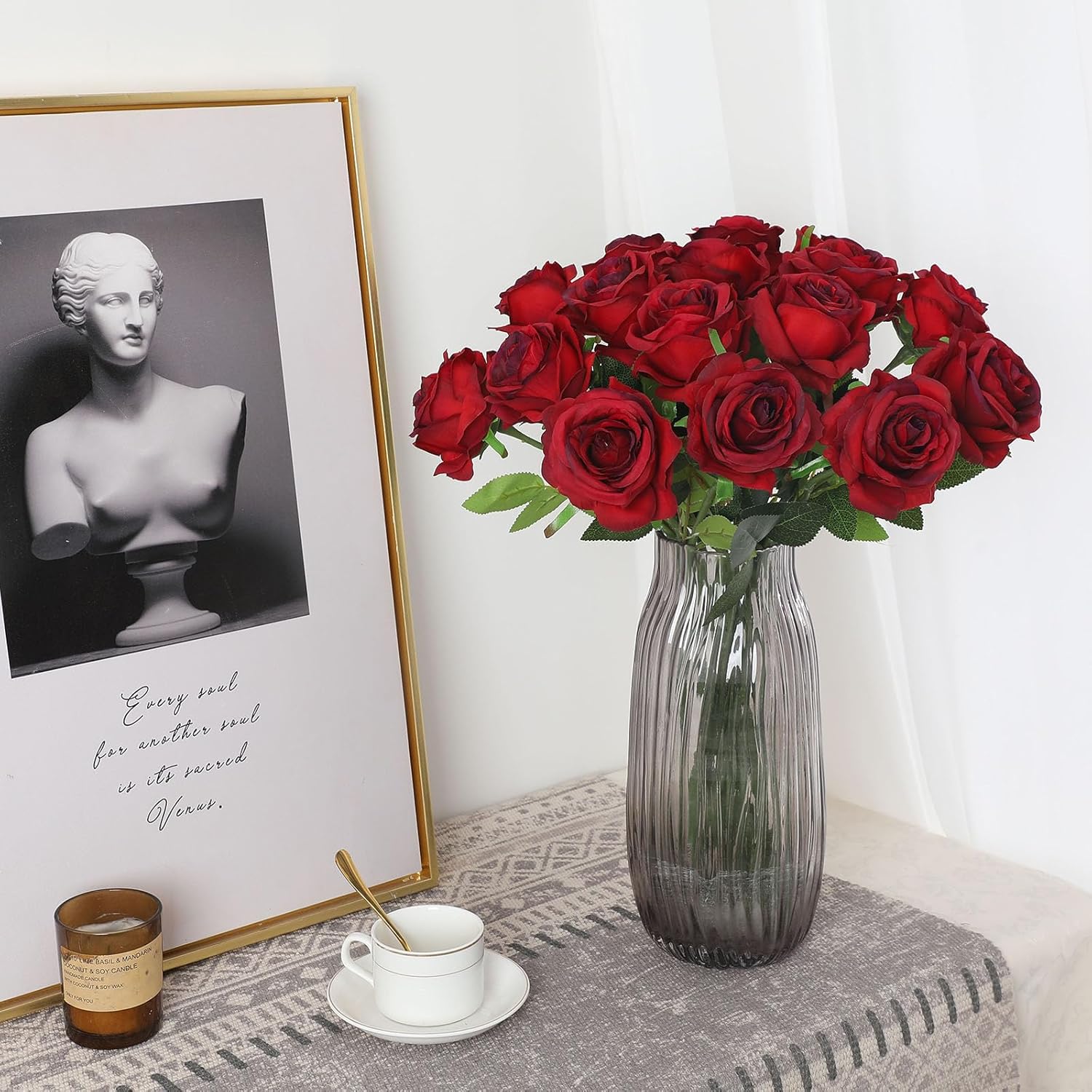 Burgundy Fake Roses Artificial Flowers - 10 Pcs Fake Artificial Roses Silk Flowers with Stems for Home Wedding Hotel Office Centerpiece Decor（Burgundy）