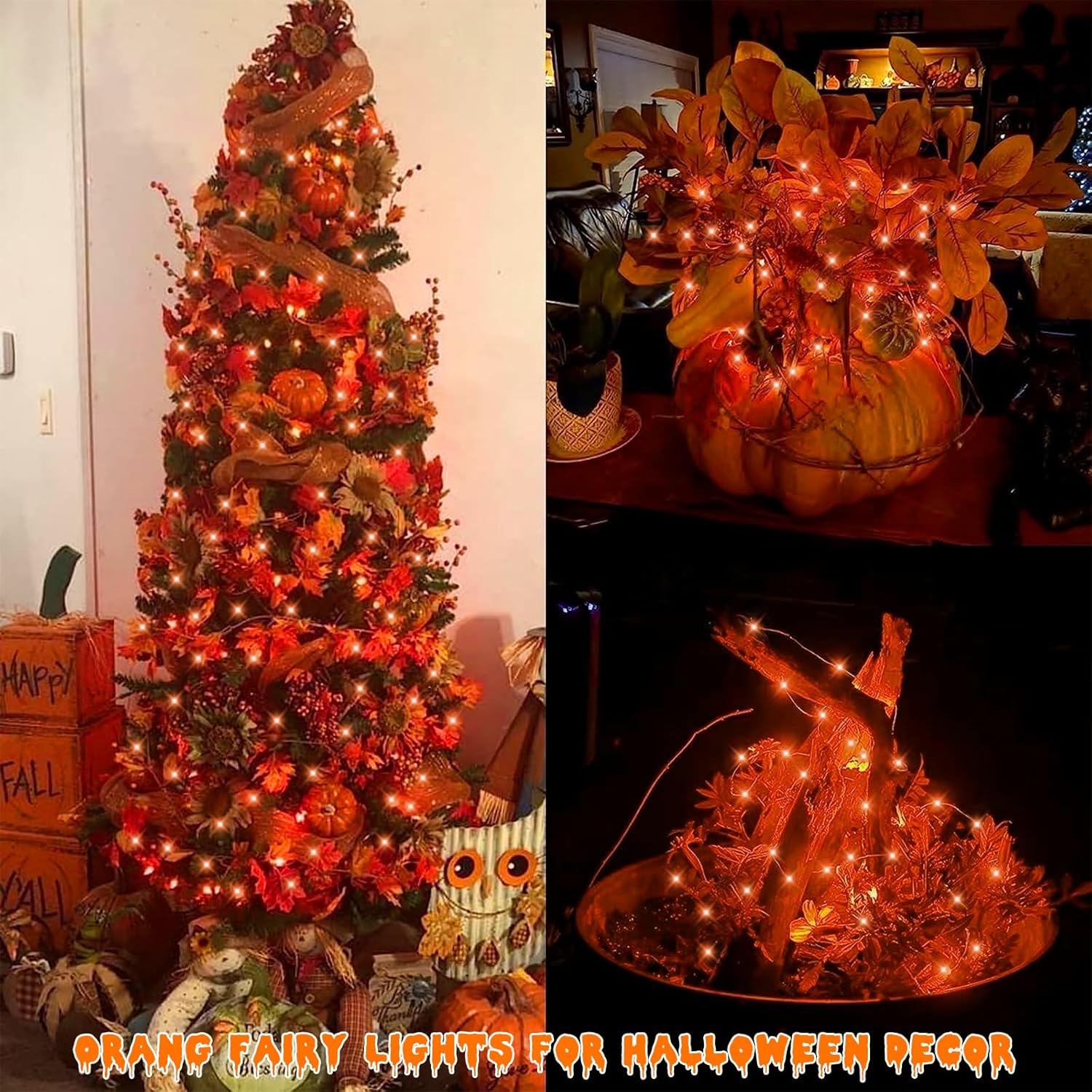 QITONG Orange Solar Halloween Lights Outdoor Waterproof, 2 Pack Each 66ft 200 LED String Lights, Silver Wire Orange Lights for Halloween with 8 Modes