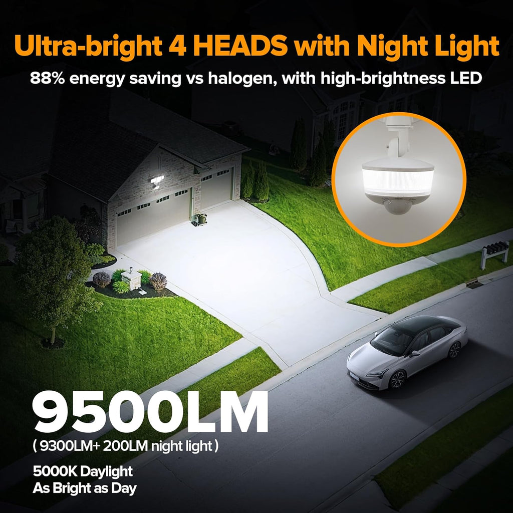 LUTEC 84W 9500LM LED Security Light Motion Sensor Outdoor Lights with Night Light, 4 Head LED Flood Lights Outdoor 5000K Daylight, IP65 Waterproof, Motion Detected Lights for Outside (White)