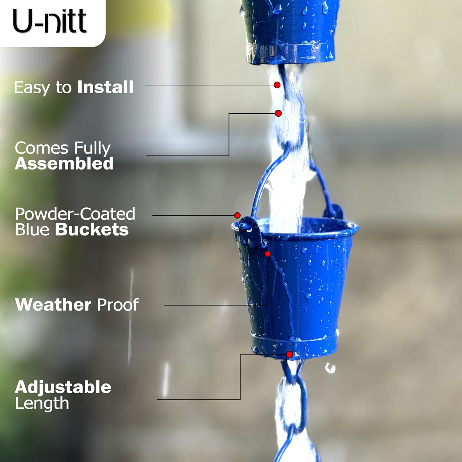 U-nitt Rain Chain Water Collection for Gutters, Rainwater Catcher & Diverter, 8.5 FT Chains for Outside Garden, Blue Bucket Cups, Roof Downspout, Works with Heavy Rain, w/Gutter Clip for Rainchains