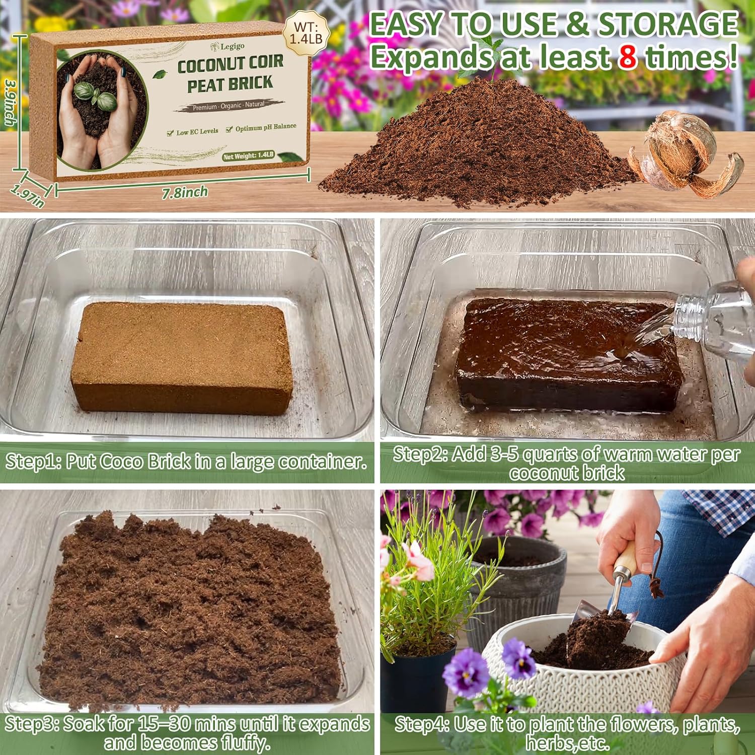 Legigo 6 Pack Premium Coco Coir Brick for Plants- 100% Organic Compressed Coconut Coir Bricks Starting Mix, Coco Coir Fiber Coconut Husk for Planting, Gardening, Potting Soil Substrate, Herbs