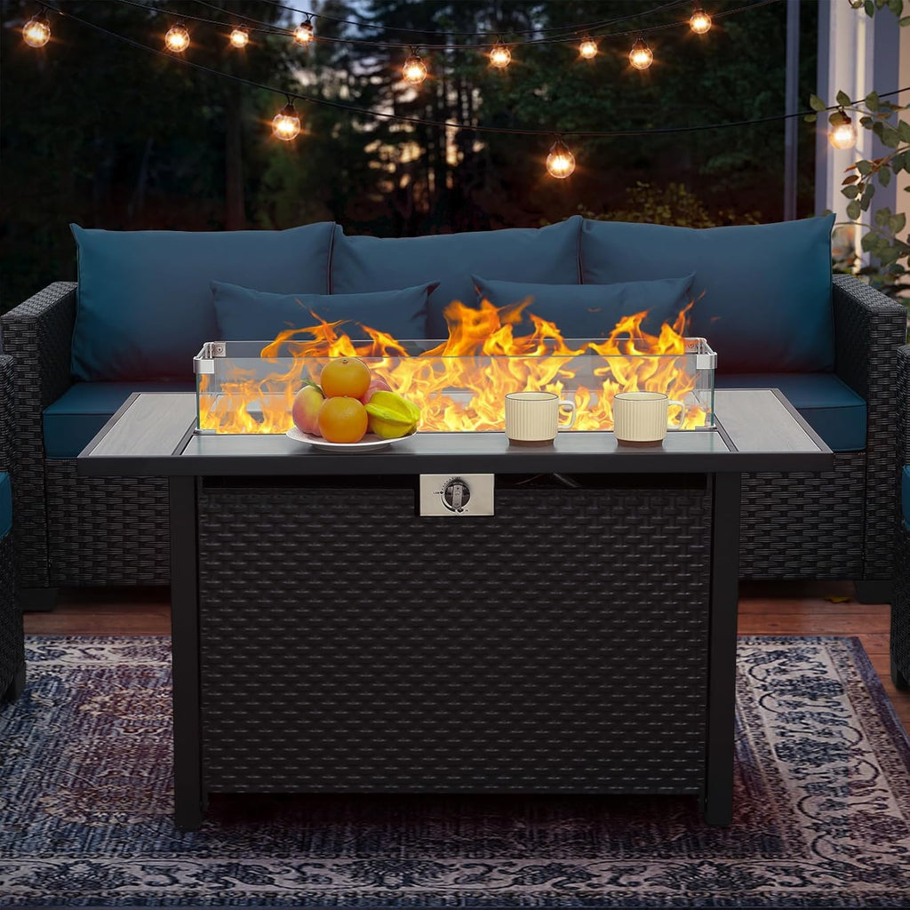 Rattaner 45 Inch Fire Table for Outside 60000 BTU Steel Gas Pit Outdoor with Woodgrain Marble Tabletop Glass Wind Guard Cover and Blue Crystal Beads