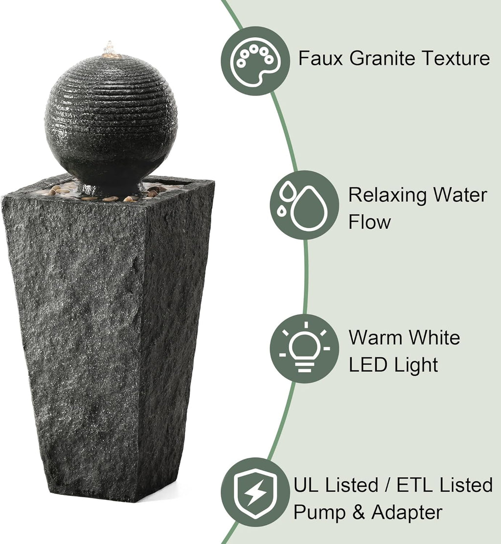 Glitzhome Outdoor Water Fountain with LED Light, Decorative Sphere Pedestal Outdoor Fountain with Submersible Pump, Vintage Waterfall Fountains for Garden Patio Deck Porch, 31.69”H
