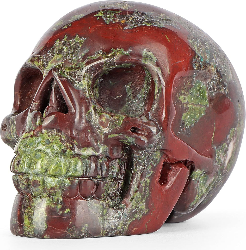 3.0" Dragon Blood Stone Crystal Skull Head Figurine Healing Stone Carved Sugar Skull Statue Sculpture Decor Day of The Dead Statue Ornaments Halloween Decoration