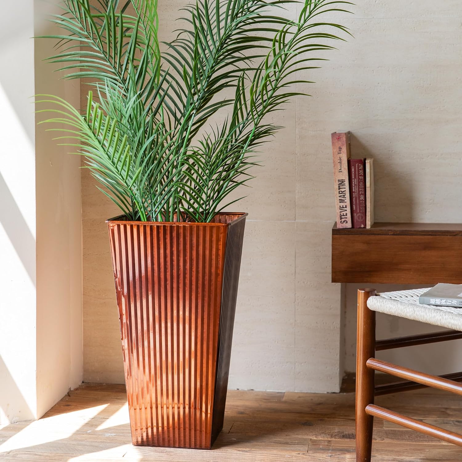 22in Vintage Handmade Metal Vertical Lines Copper Tapered Planters,Planter Box with Drainage Holes and Saucer -Set of 2, Galvanized Steel Planter for Indoor/Outdoor/Porch/Garden