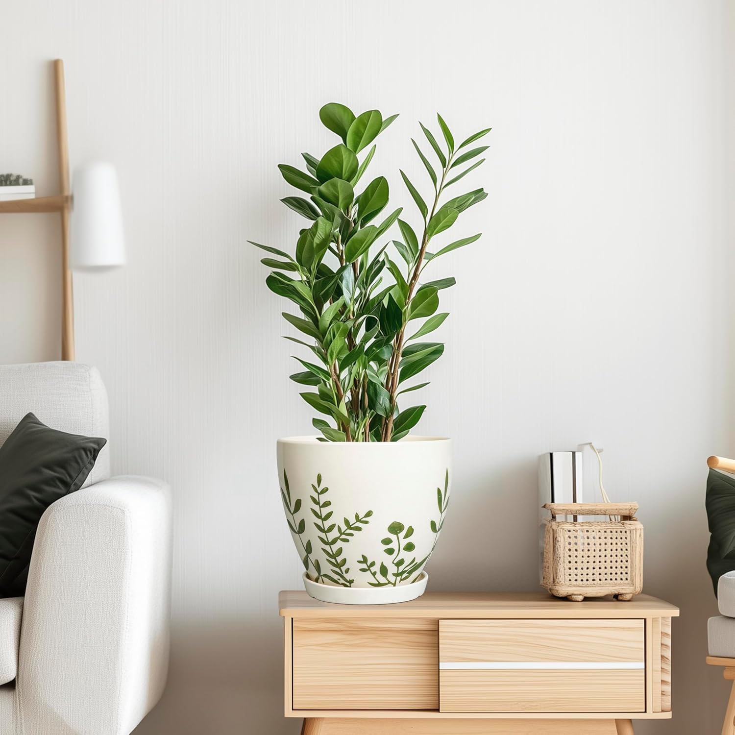 Ceramic Pot for Plants 8.2 Inch - Indoor Plant Pot with Drainage Hole and Saucer, Decorative Boho Round Outdoor Planter, Gardening Gifts for Women Men, Room Patio Office Home Decor, White