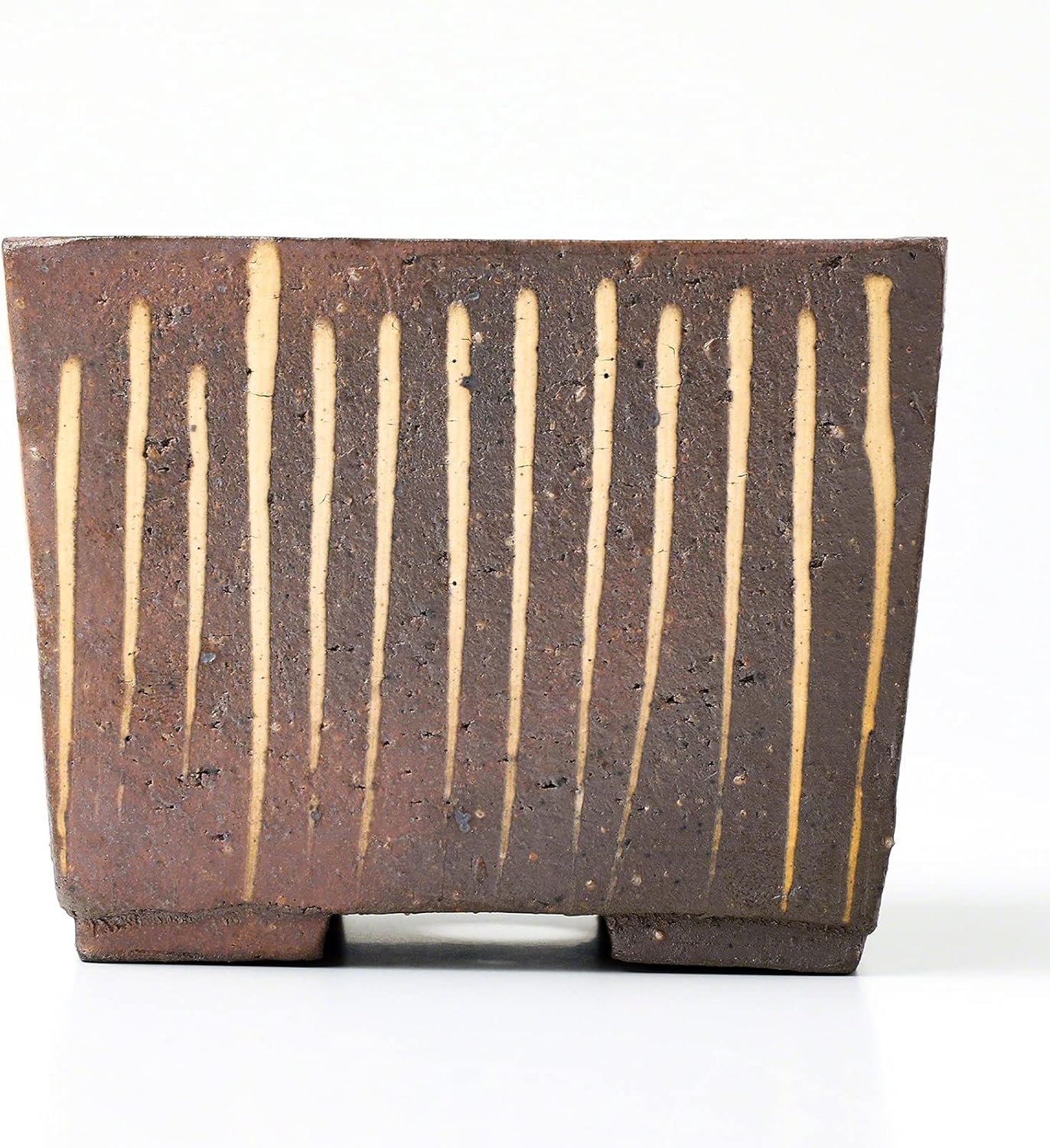 Wazakura Tokoname Series Small Handmade Striped Square Bonsai Pot with Drainage Hole 4.1in (105mm) Made in Japan, Ceramic Training Starter Container, Decorative Flower Planter - Brown