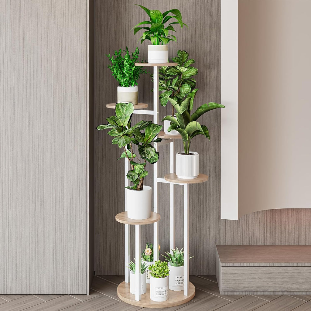 Plant Stand Indoor 6 Tier 9 Potted Multiple Flower Pot Holder for Patio Garden Balcony Living Room Corner (6 Tier White+Sonoma Oak)