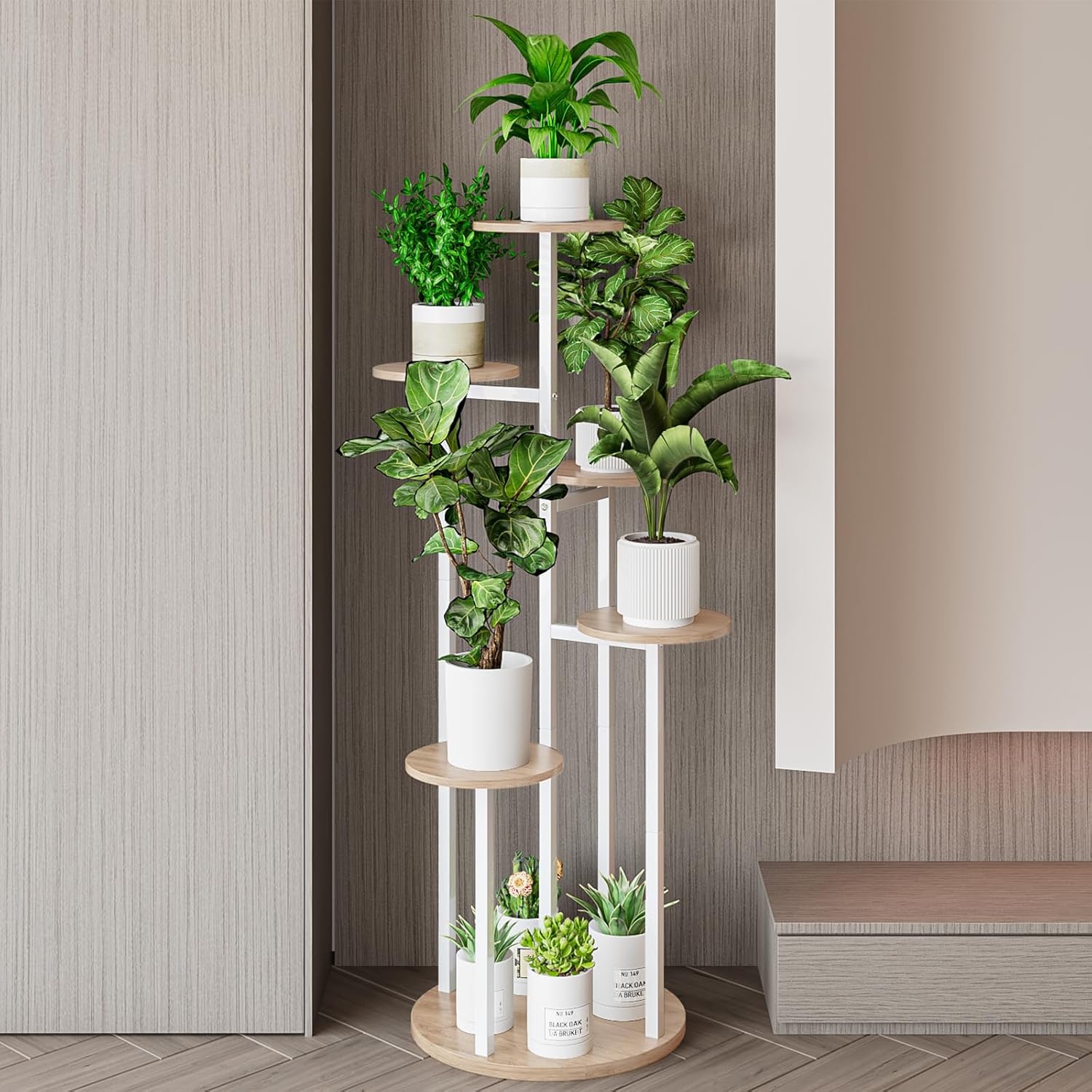 Plant Stand Indoor 6 Tier 9 Potted Multiple Flower Pot Holder for Patio Garden Balcony Living Room Corner (6 Tier White+Sonoma Oak)