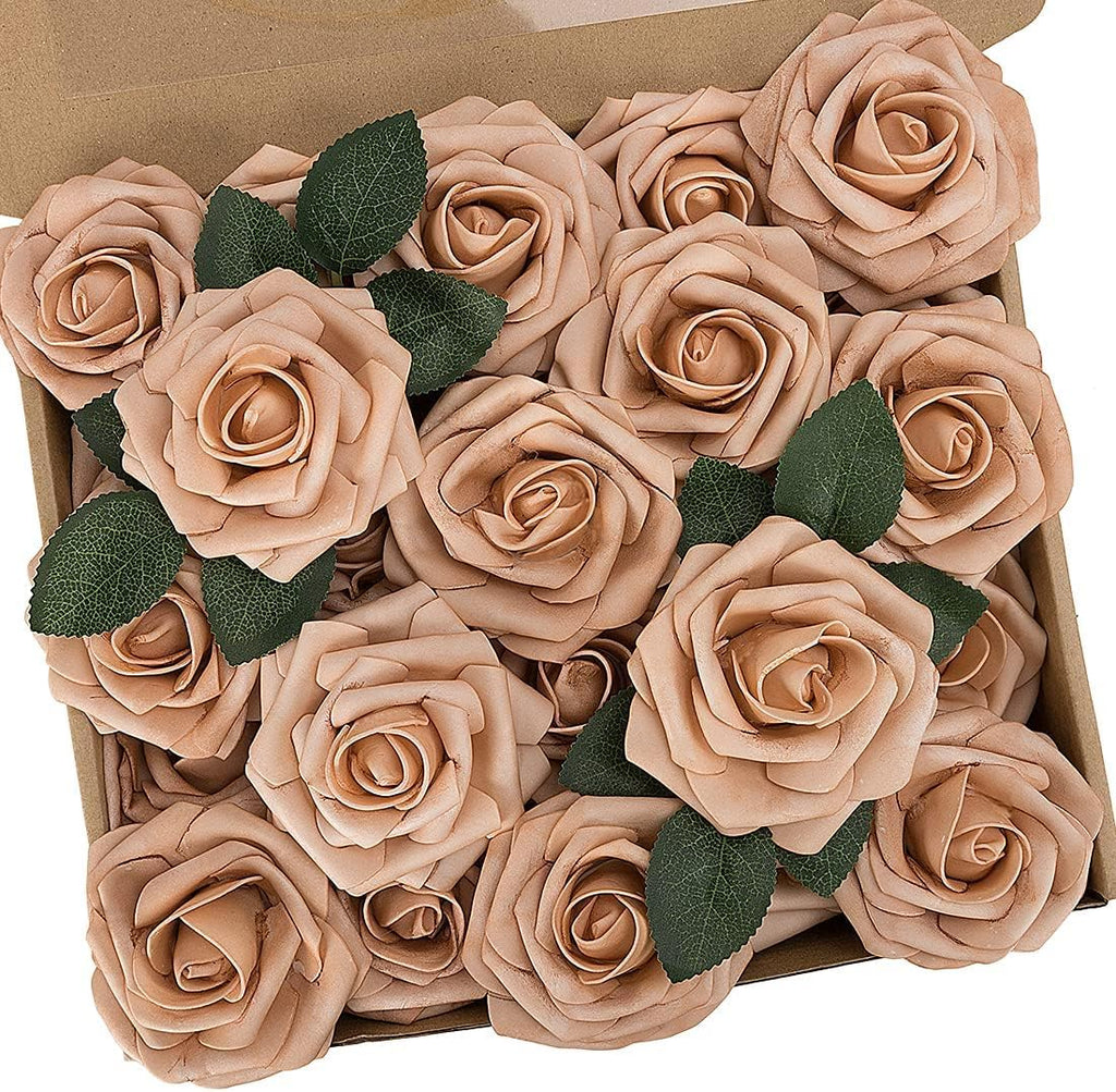 N&T NIETING Artificial Flowers, 50pcs Foam Roses Fake Brown Flowers for DIY Wedding Bouquet Party Baby Shower Decoration Home Display,Dusty Brown