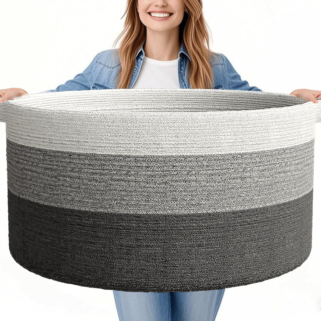 125L Extra Large Blanket Basket, 25" x 16", Jumbo Laundry Woven Baskets Decorative Home, Cotton Rope Basket with Handles, Baby Toy Baskets for Storage, Gradual Gray, 2PC