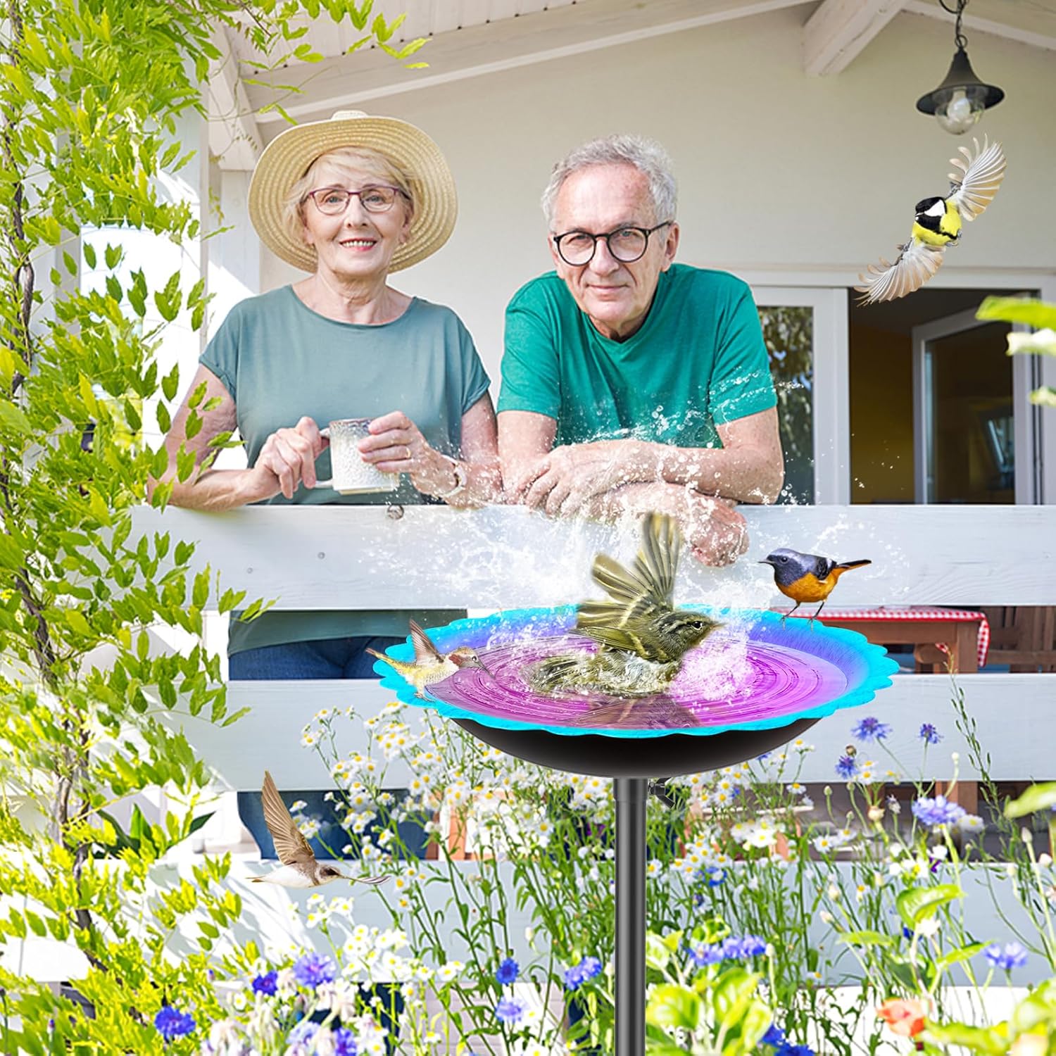 MeyRoliz Metal Bird Bath for Outside, Detachable Birdbath Birdfeeder Bowl, Freestanding Birdfeeders Bird Bath Bowl for Garden (Blue-Purple)