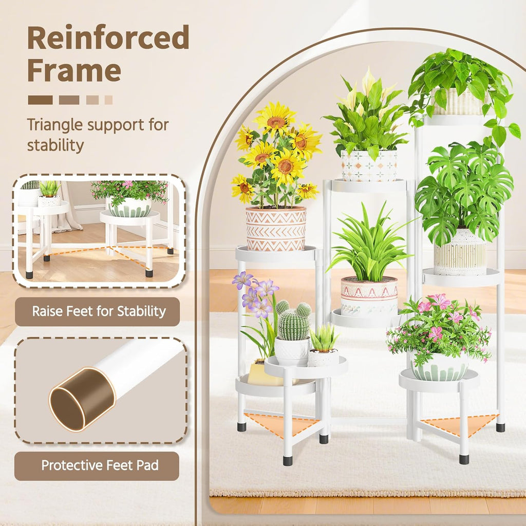 LASZOLA 8 Tiered Folding Plant Stand Indoor for Multiple Large Planter, Tall Heavy Duty Adjustable Rack with Rust Proof 10 Inch Wide Tray, Sturdy Vertical Tree Organizer for Narrow Inside Floor, White