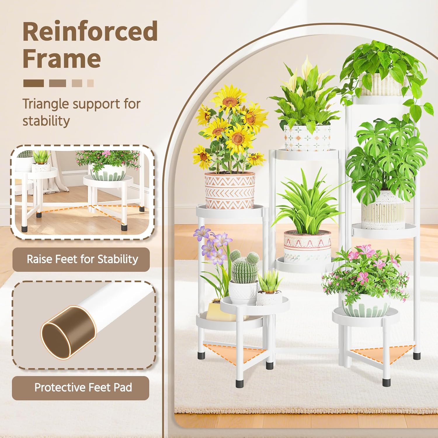 LASZOLA 8 Tiered Folding Plant Stand Indoor for Multiple Large Planter, Tall Heavy Duty Adjustable Rack with Rust Proof 10 Inch Wide Tray, Sturdy Vertical Tree Organizer for Narrow Inside Floor, White