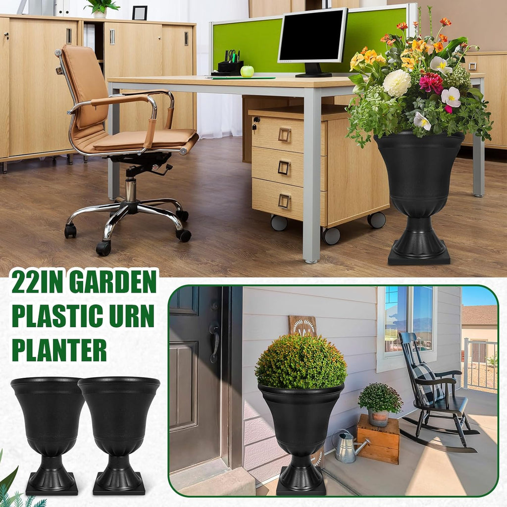 Dandat 4 Pack Large Outdoor Urn Planter 22 inch Tall Plastic Planter for Front Proch Classic Vase Decorative Garden Pot for Indoor Outdoor Door Patio Deck Decor(Black)