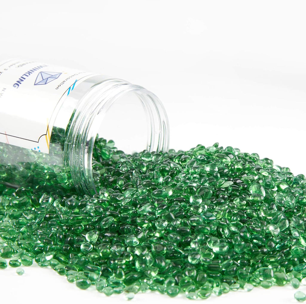 TWINKLING High Luster Round Fire Glass Stones,Glass Marbles Pebbles,Glass Beads Gems for Fire Pit Vase Fillers Crafts Aquarium Garden Decoration,3-6mm,1-Pound Jar (Light Green)
