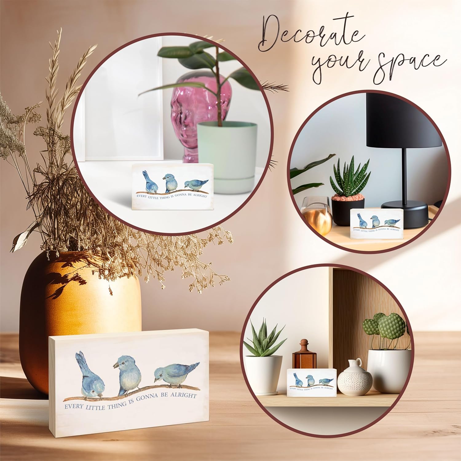 Rustic Pine Wood Block Sign - Every Little Thing Is Gonna Be Alright - Positive Wooden Plaque For Desk Top, Shelf, Living Room, Gift For Friends, Home & Office Decorations(3 X 5 Inches) - 39